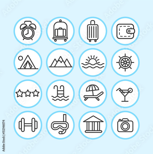Vacation and travel. Line icon set.
