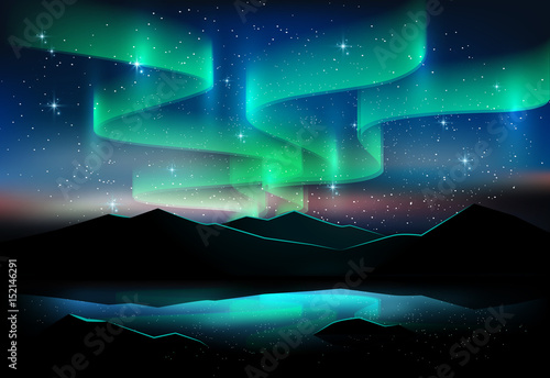 Aurora blue sky and a lot of star on lake, astronomy background, Vector illustration