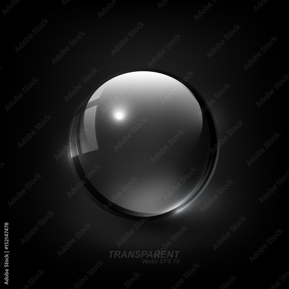 Modern Shiny Transparent glass sphere with shadow on dark black