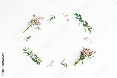 Flowers composition. Frame made of pink flowers and eucalyptus branches on white background. Flat lay, top view