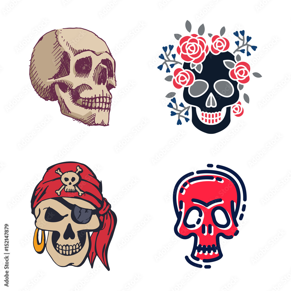 Different style skulls faces vector illustration halloween horror style tattoo anatomy art.