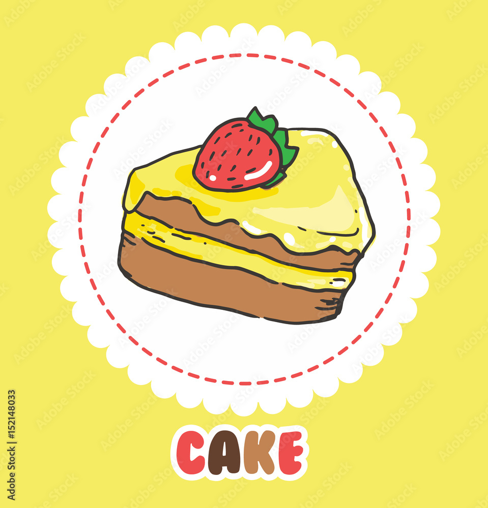 Piece of cake with strawberry and pink yellow icing. Cake Icon Piece of cake with strawberry and pink yellow icing. Cake Icon