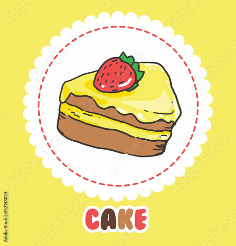 Piece of cake with strawberry and pink yellow icing. Cake Icon