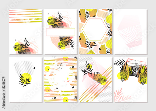 Hand made vector abstract graphic Save the Date tribal tropical exotic Valentines day cards set collection in pastel colors isolated on white background.Unusual cards for Business,holidays,decoration