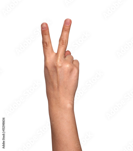 Woman hand with two fingers concept of victory isolated on white background