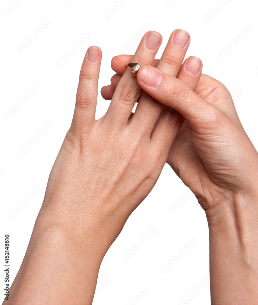 Wedding ring with female hand isolated on white background Wedding ring with female hand isolated on white background