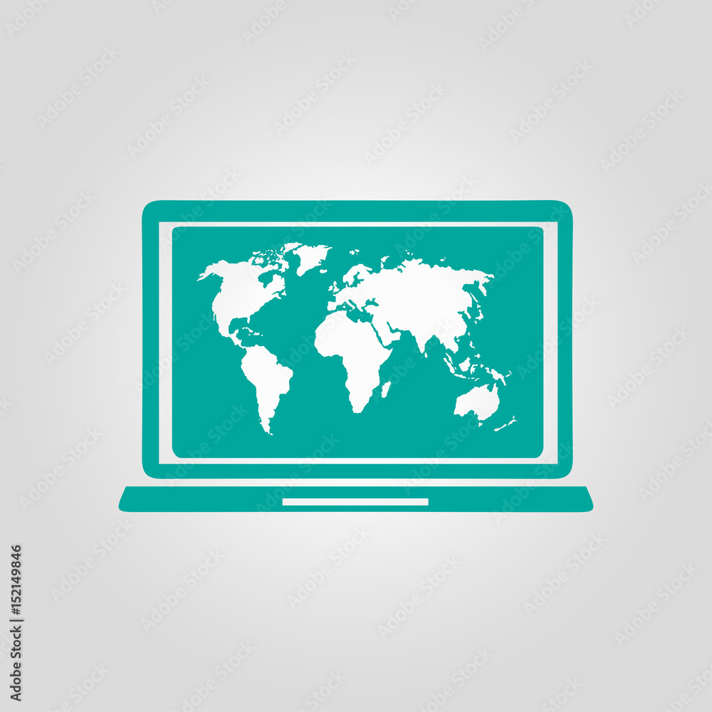 Laptop and world map illustration. World map geography symbol. Flat design style. Laptop and world map illustration. World map geography symbol. Flat design style.