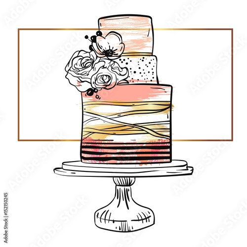 Hand drawn vector cute birthday or wedding template card with cake illustration in gold,pastel,black and white colors,with stripes and flowers decoration on cake stand isolated on white background.