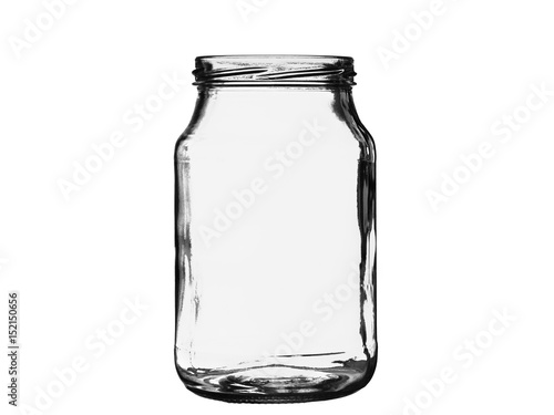 Empty glass jar with a thread on a white background