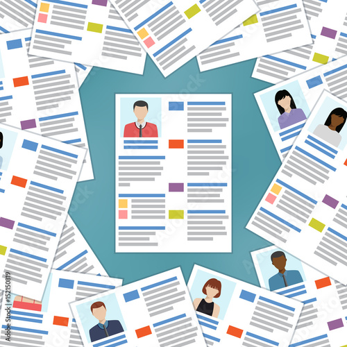 Group of resumes with one in the center.