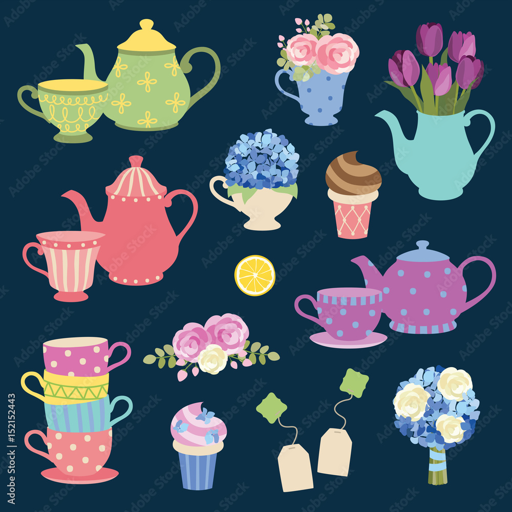 Vector illustration of tea party graphic elements with matching teapot