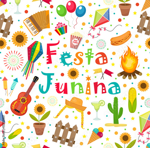 Festa Junina seamless pattern. Brazilian Latin American festival endless background. Repeating texture with traditional symbols. Vector illustration