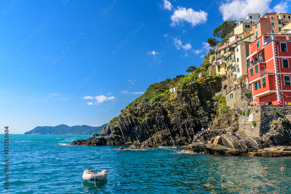 View of the beautiful town of Riomaggiore in Liguria, inside the famous Cinque Terre National Park