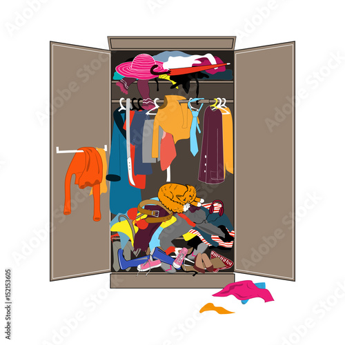 Untidy open woman wardrobe. Closet with messy clothes. Home mess interior. Flat design vector illustration.
