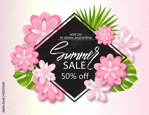 Summer sale banner, poster with jungle leaf, beautiful flowers and handwriting lettering. Vector illustration EPS10.