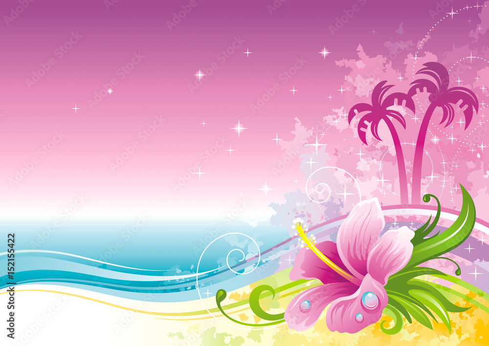 Beach sea poster landscape, hawaiian luau party. Watercolor hibiscus flower vector illustration. Aloha Hawaii design, summer holidays vacation banner. Vacation tropical island, palm tree travel icon - obrazy, fototapety, plakaty 