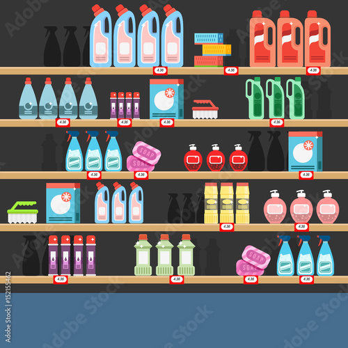 Cleaner on a shelf in a supermarket. Detergent shop. 