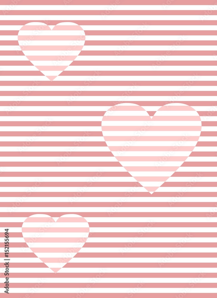 Romantic overlay template with hearts in optical art style, tender pink color, striped background