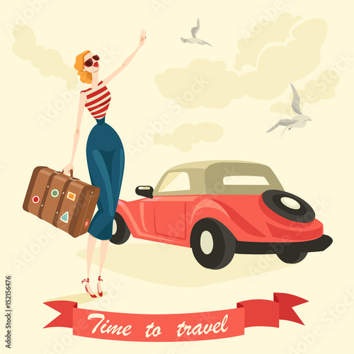 An elegant girl is hitchhiking. Illustration in retro style.