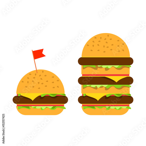 Small burger and big beefburger with vegetables and meat.