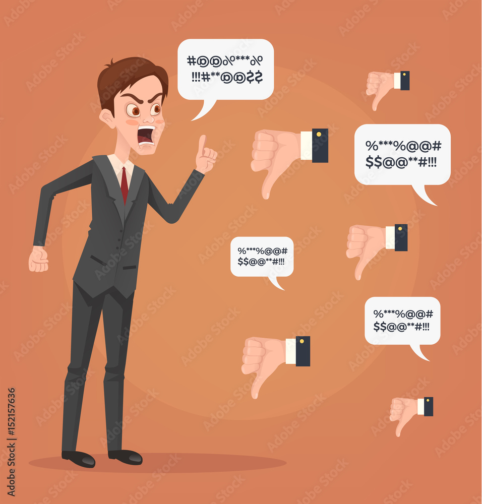 Sad unhappy unsuccessful business man office worker character mascot trying argue with haters. Negative feedback dislike. Bad comments. Vector flat cartoon illustration Sad unhappy unsuccessful business man office worker character mascot trying argue with haters. Negative feedback dislike. Bad comments. Vector flat cartoon illustration
