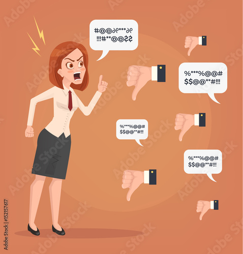 Sad unhappy unsuccessful business woman office worker character mascot trying argue with haters. Negative feedback dislike. Bad comments. Vector flat cartoon illustration