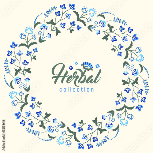 Floral round vintage frame, Jacobean embroidery style flowers. Colorful herbal wreath. Vector illustration. Herbal collection, blue meadow flowers.