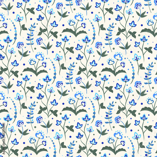 Floral seamless pattern, Jacobean style flowers. Colorful herbal background. Vector illustration. Jacobean floral, herbal collection, blue flowers.