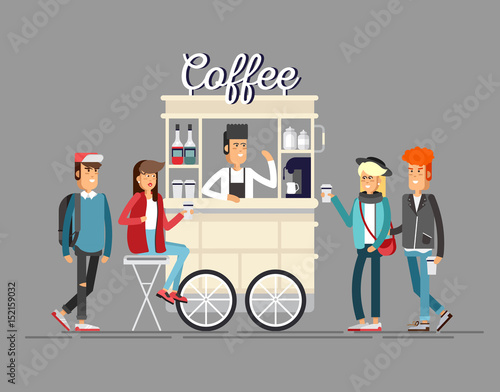 Creative detailed vector street coffee bicycle cart