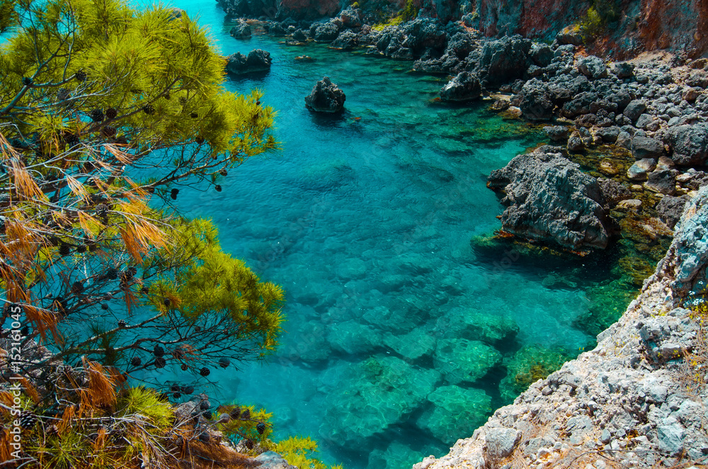 Azure Mediterranean sea coast. Natural view of clear water. Turkish riviera.