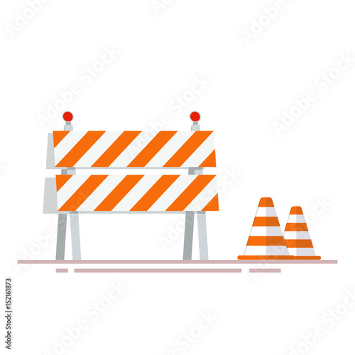 Construction fencing and cones for indicating dangerous places or objects. Flat object isolated on white background.