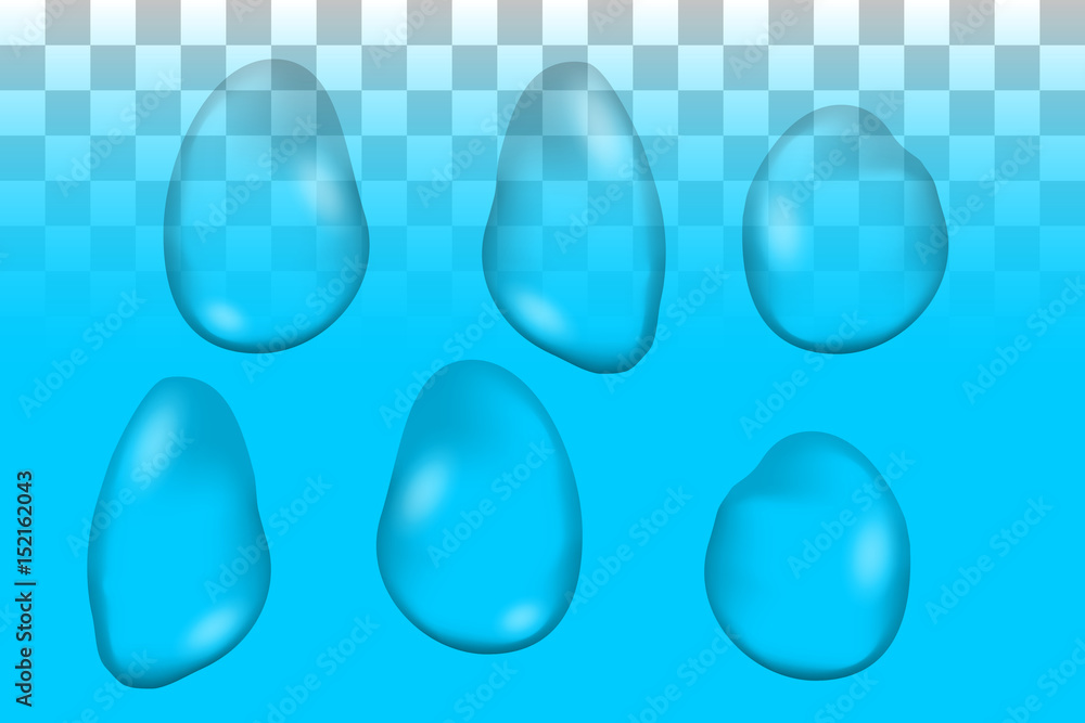 Various transparent vector water drops. Illustration of close up on differently shaped liquid drops on partly transparent backdrop. Various transparent vector water drops. Illustration of close up on differently shaped liquid drops on partly transparent backdrop.