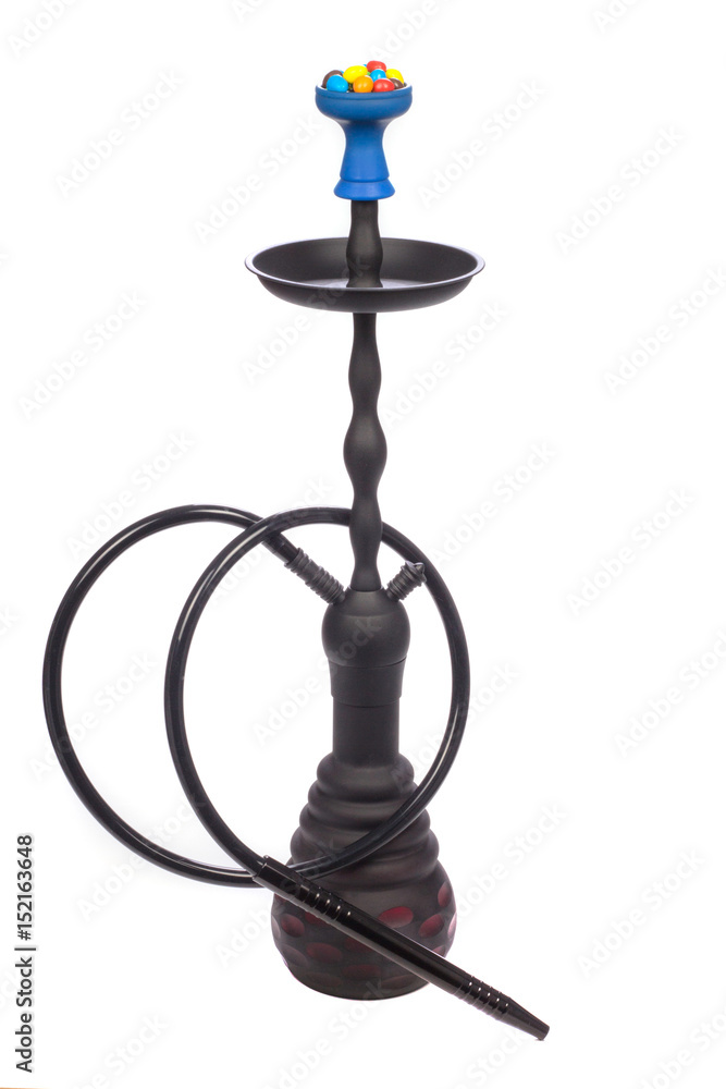 Black color hookah on an isolated white background with sweets in a bowl Black color hookah on an isolated white background with sweets in a bowl
