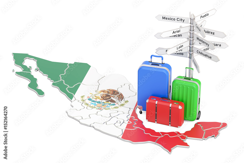Mexico travel concept. Mexican flag on map with suitcases and signpost, 3D rendering