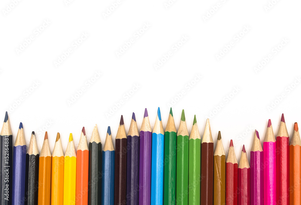 Color pencils isolated on white background with copy space. Drawing set flat lay. Color pencils isolated on white background with copy space. Drawing set flat lay.