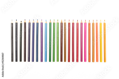 Color pencils set isolated on white background top view.