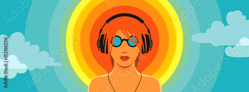 Vinyl sun / Conceptual summer music vector. Man listening to the music in headphones, standing in front of the sun as a vinyl record against cloudy sky background.