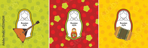 Russian style / Conceptual vector set of Russian nesting dolls matryoshka icons. Logo design elements, Russian style concept with sample text against ornament background.
