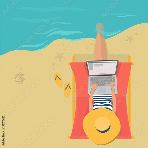 Woman in hat on the beach by the sea is a laptop in social networks sitting on a lounge chair. On a Sunny summer day. Flat vector illustration. The view from the top.