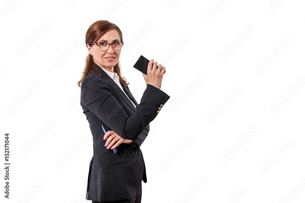 Portrait of a beautiful businesswoman 50 ears old with mobile phone isolated on white. Portrait of a beautiful businesswoman 50 ears old with mobile phone isolated on white.