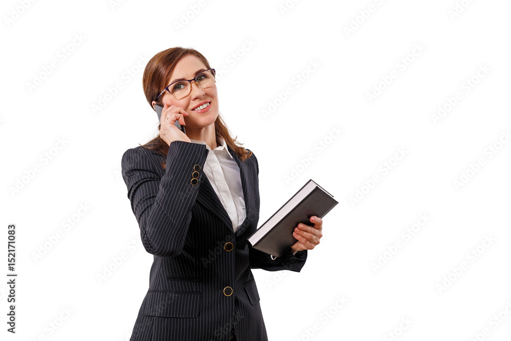Portrait of a beautiful businesswoman 50 ears old with mobile phone isolated on white. Portrait of a beautiful businesswoman 50 ears old with mobile phone isolated on white.