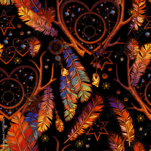 Colorful pattern with feathers and hearts on white