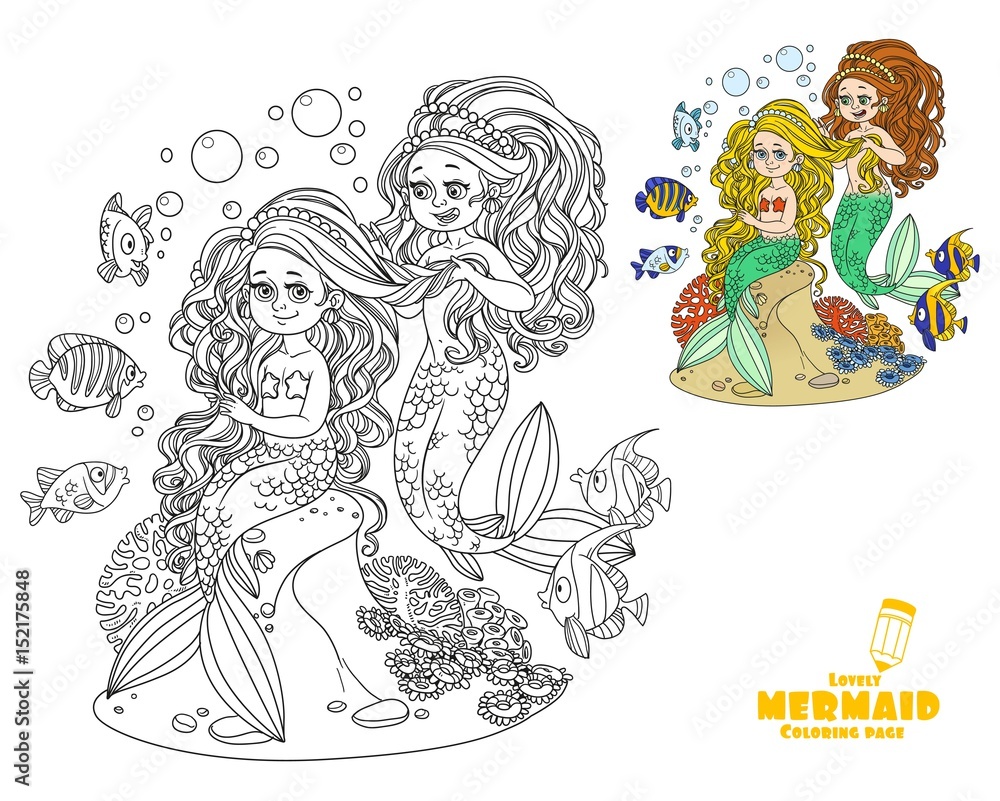 Cute girl mermaid plait braids friend mermaid coloring page on white background