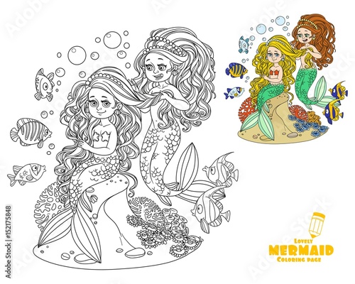 Cute girl mermaid plait braids friend mermaid coloring page on white background