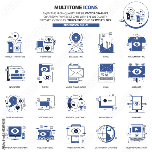 Multi tone icons, advertisement, backgrounds and graphics. The illustration is colorful, flat, vector, pixel perfect, suitable for web and print. Linear stokes and fills.