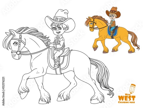 Cute little boy in cowboy suit riding on a horse coloring page on white background