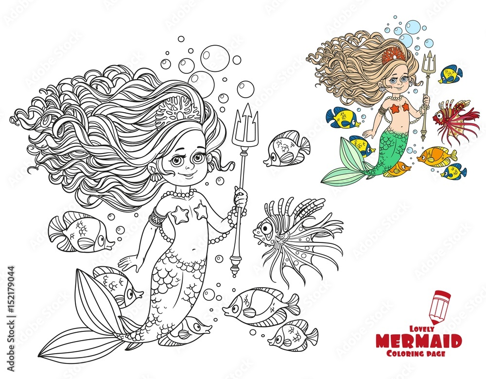 Beautiful mermaid girl surrounded by a fish holds a trident coloring page  on a white background Stock Vector