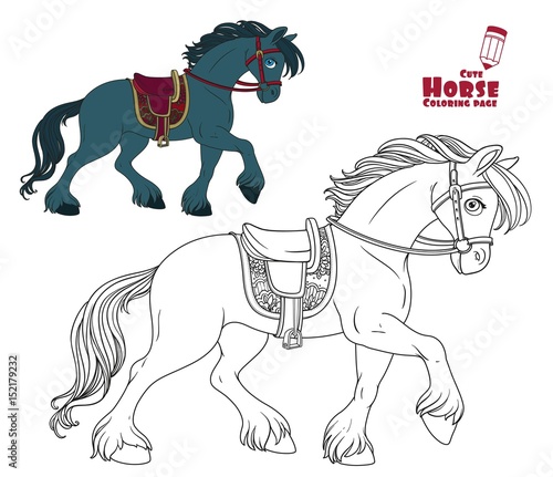 Cartoon horse harnessed in harness runs forward coloring page on a white background