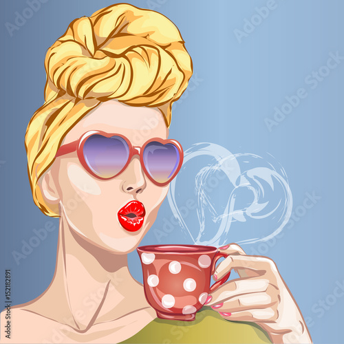 Pin-up style sexy woman with morning cup of tea. Pop Art girl, heart sunglasses, head turban, vector