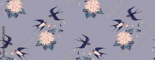 Feminine seamless pattern in vintage style. Swallows and chrysanthemums on a gray background. background for textile, manufacturing, book covers, wallpapers, print or gift wrap. Vector illustration